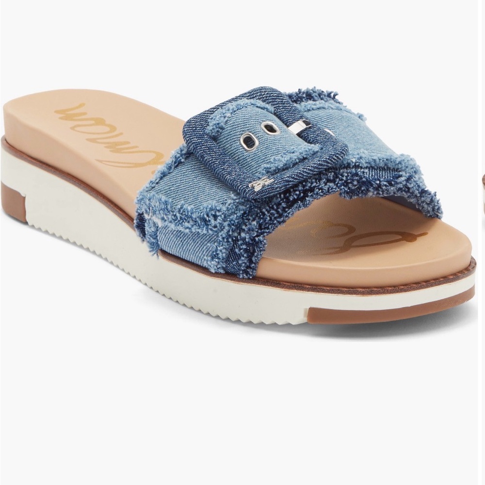 Sam Edelman Ariane Fray Blue Denim Slide Sandals
